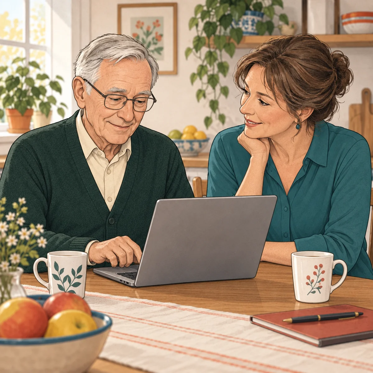 Werner bedient den Computer selbst und lächelt zufrieden; eine Helferin begleitet ihn auf Augenhöhe.