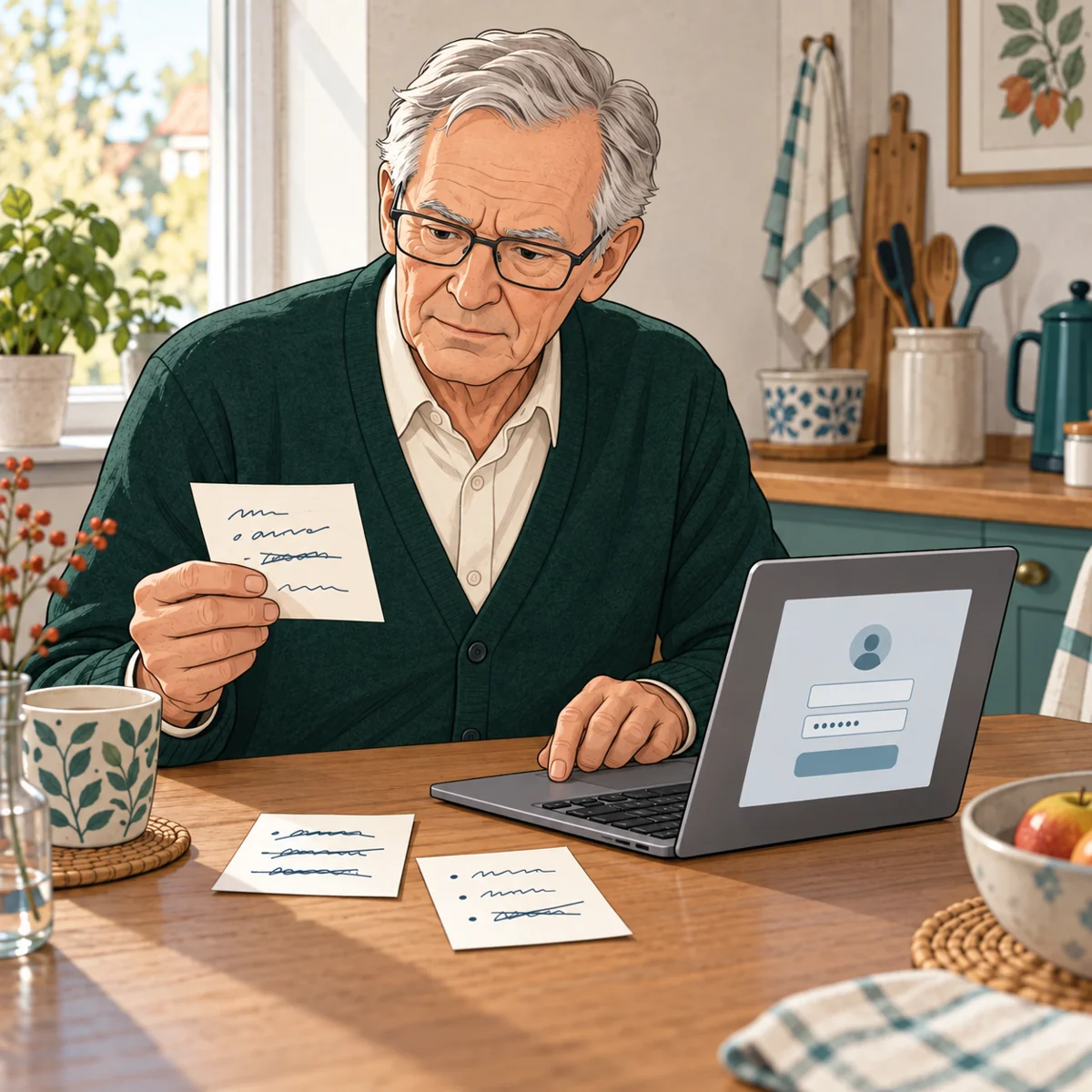 Werner sucht am Computer zwischen widersprüchlichen Notizen nach dem gültigen Passwort.