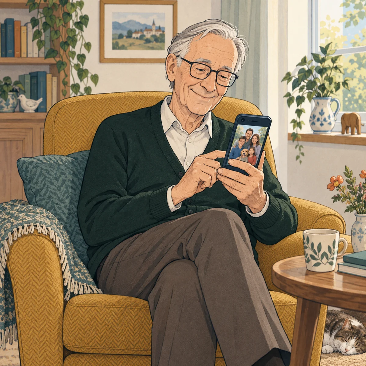 Werner sitzt entspannt im Sessel und betrachtet ein Familienfoto auf seinem Handy.